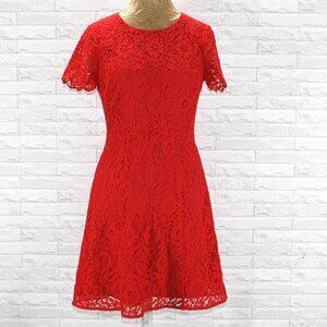 J. Crew Dress Lace Overlay Fit & Flare Short Sleeve Summer Classic Red 2